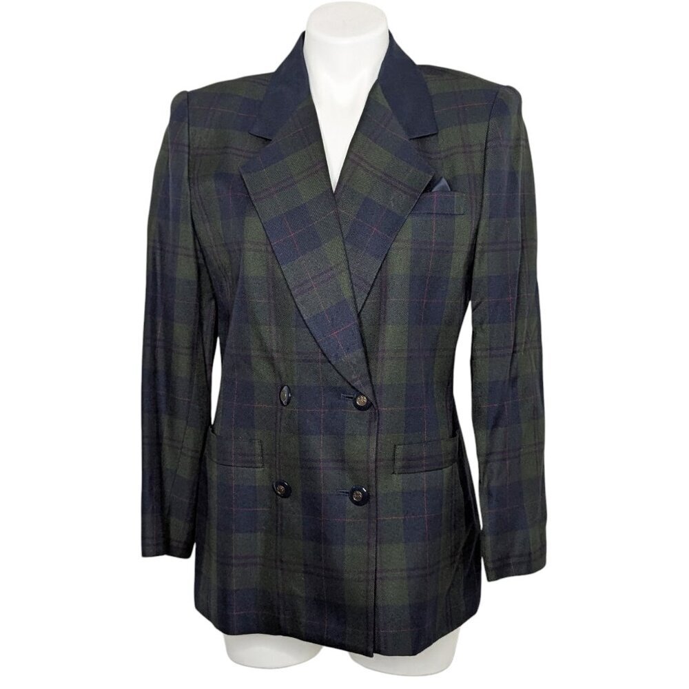 VTG Blue Green Plaid Double Breasted Longline Lined Blazer Academia Revival